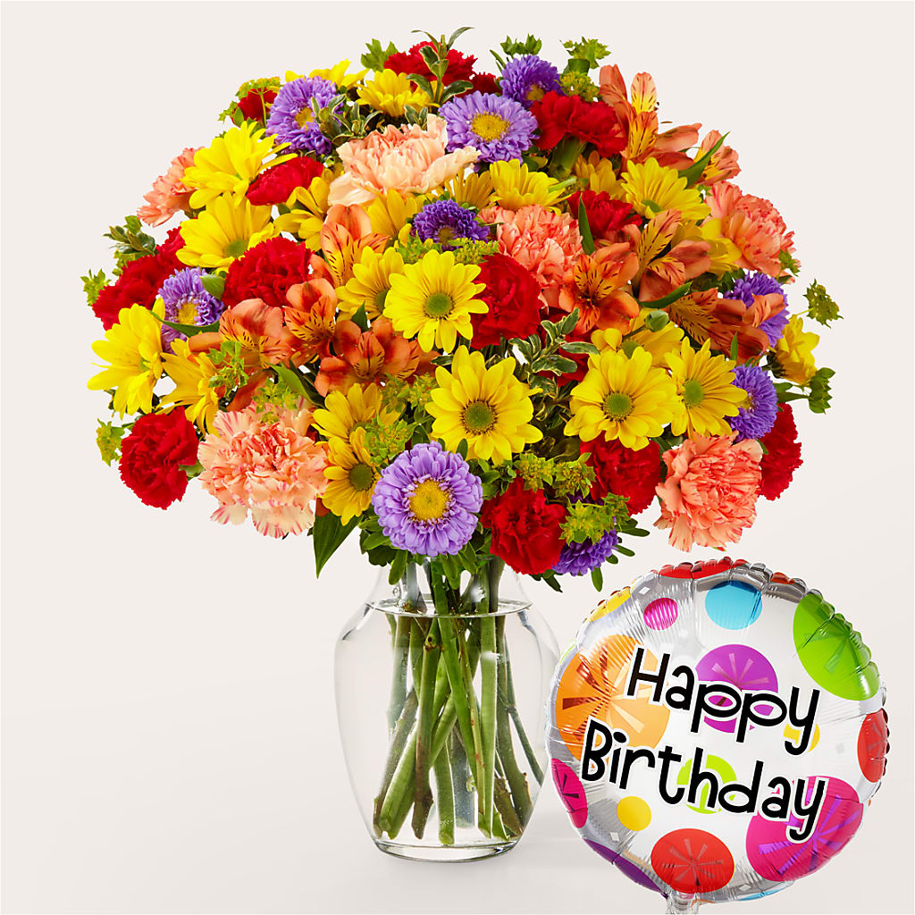 Kaleidoscope Bouquet with Birthday Balloon – Willow Blooms Floral, Marlin TX