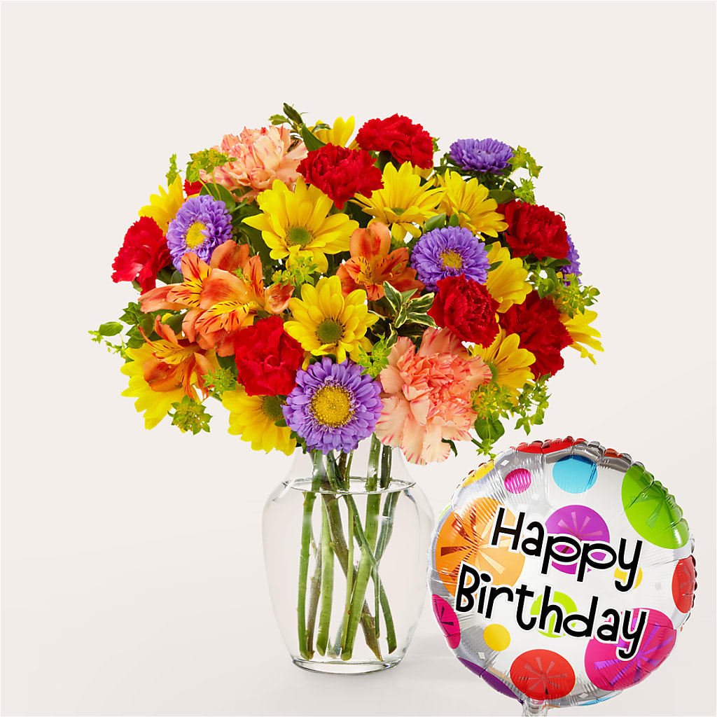 Kaleidoscope Bouquet with Birthday Balloon – Willow Blooms Floral, Marlin TX