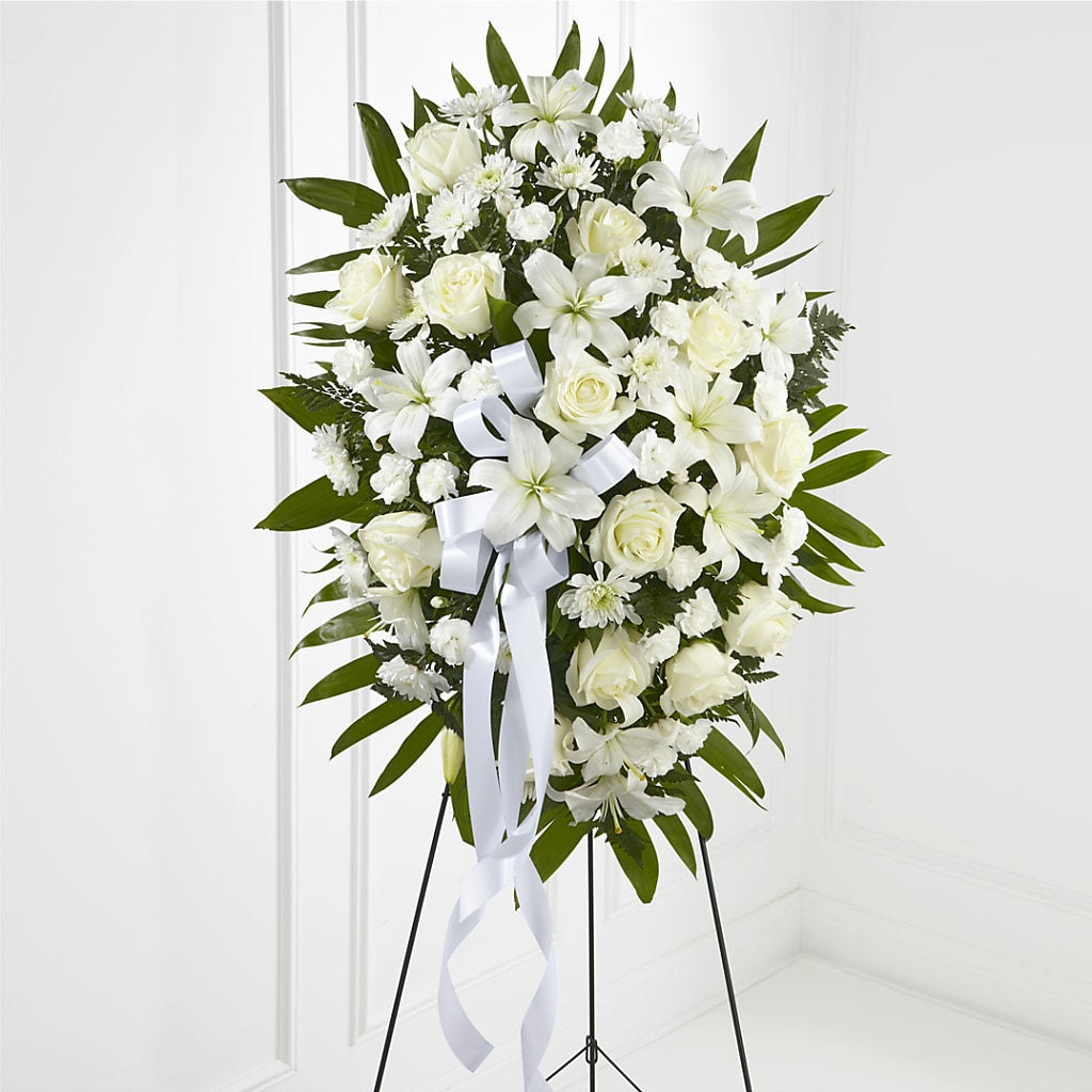 Exquisite Tribute Standing Spray-White Ribbon – Willow Blooms Floral, Marlin TX