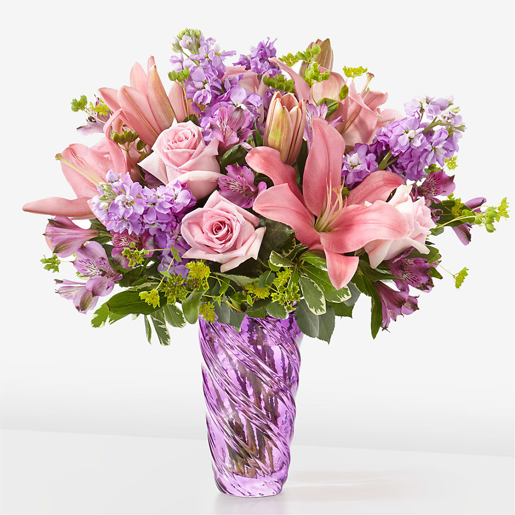 Precious Petals Bouquet with Luxe Swirl Vase – Willow Blooms Floral, Marlin TX