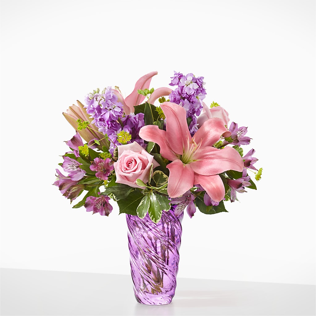 Precious Petals Bouquet with Luxe Swirl Vase – Willow Blooms Floral, Marlin TX